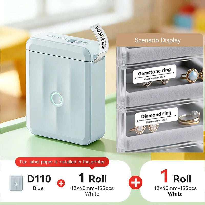 D110 Mini Portable Thermal Label Printer, Bluetooth Smart Label Maker with Adhesive Tape, Inkless 203 DPI for Home, Office & School