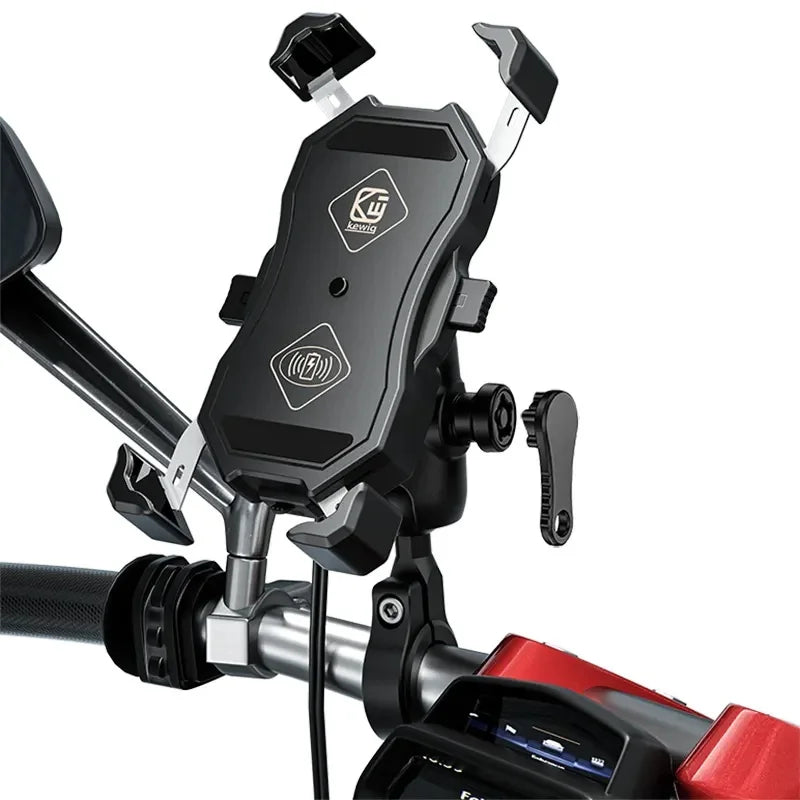 Motorcycle Fork Stem Wireless Charger 15W Qi/USB Quick Charge Phone Holder Handlebar Mirror Mount with 1" Ball for 3.5"-6.8"