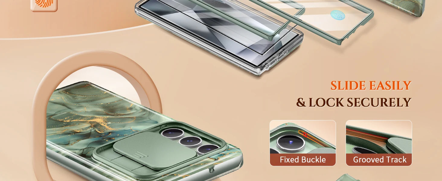 For Samsung Galaxy S24 Ultra Case with 2 Front Frames Slide Camera Lens Protection Heavy Duty Shockproof Marble Phone Case Cover