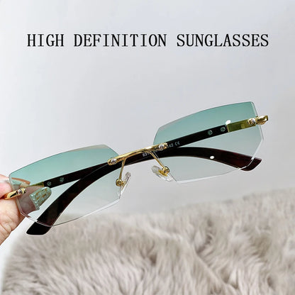 Rimless Green Sunglasses Women Fashion Glasses