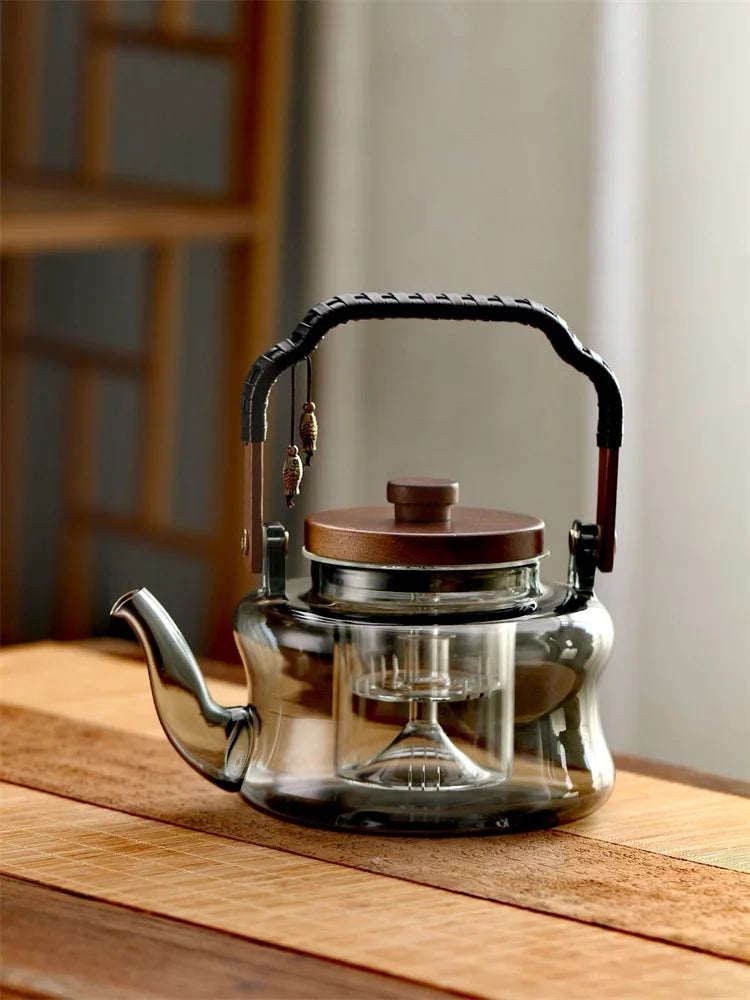 850ml Wooden Handle Glass Teapot with Infuser Household Heat-Resistant Brewing Tea Coffee Pot Kungfu Tea Set Teaware