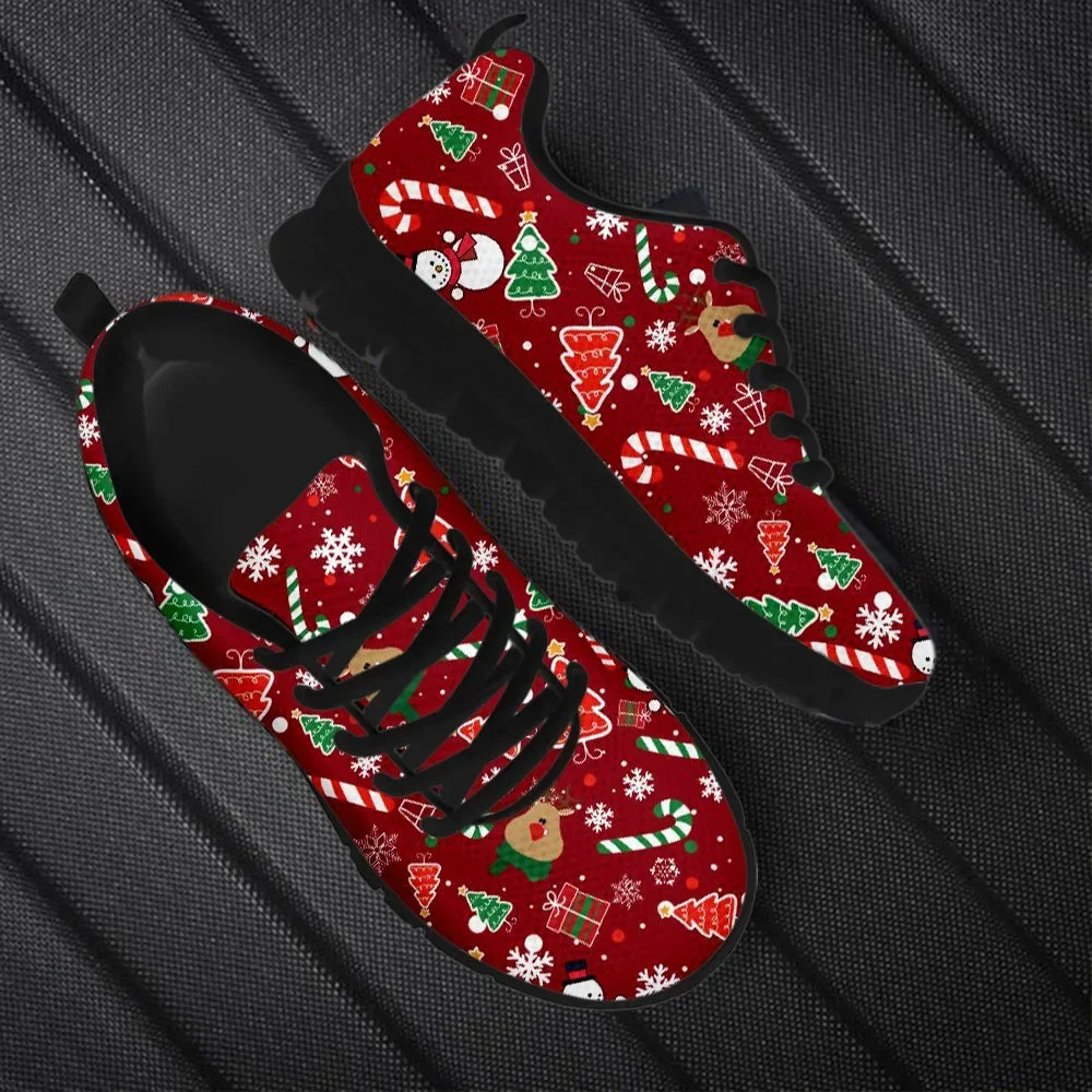 Wear-Resistant Casual Sneakers Santa Claus Snowflake Pattern Lace up Flat Shoes Women Mens Tennis Christmas Gifts