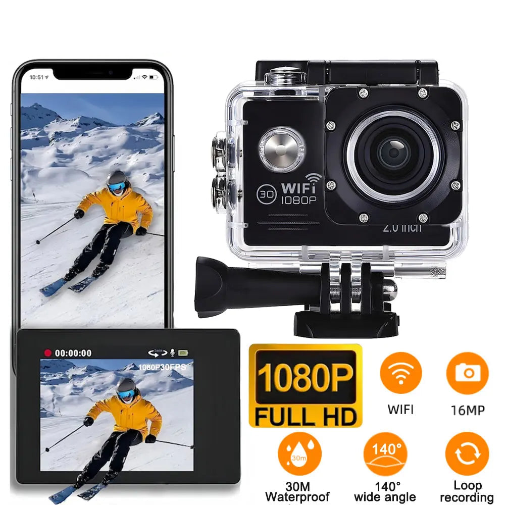 Action Camera 1080P/30FPS WiFi Bicycle Mini Camera 140° Wide-angle  Underwater Waterproof Cameras Outdoor Sports Video Recording