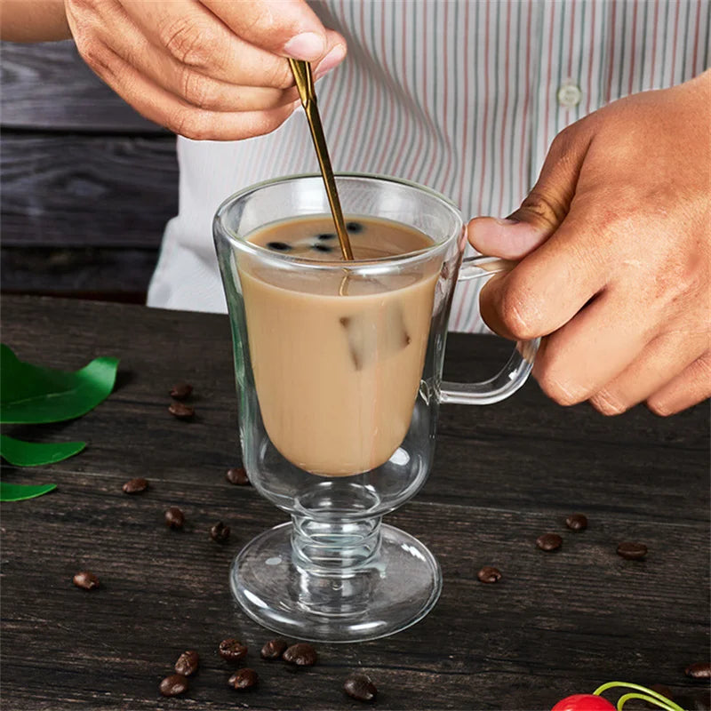 Double Wall Glass Irish Coffee Mug Bubble Tea Milkshake Cup Ice Cream Cup with Handle Milk Fruit Juice Glass Cup