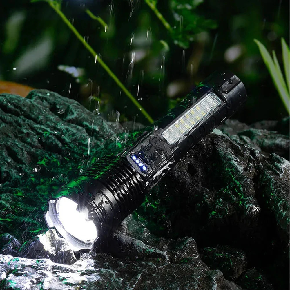 High Power Rechargeable LED Flashlight With Zoom And COB Side Light