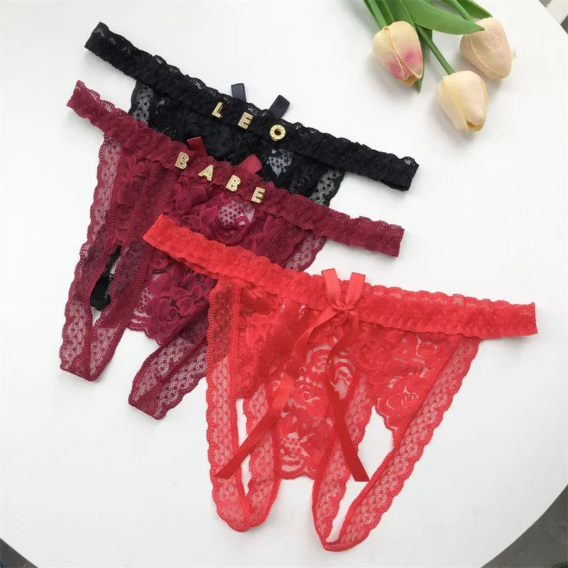 Customized Crystal Name Letters Women's Breathable Lace Underwear Low Waisted Opening Thong Bikini Erotic G-String Panties