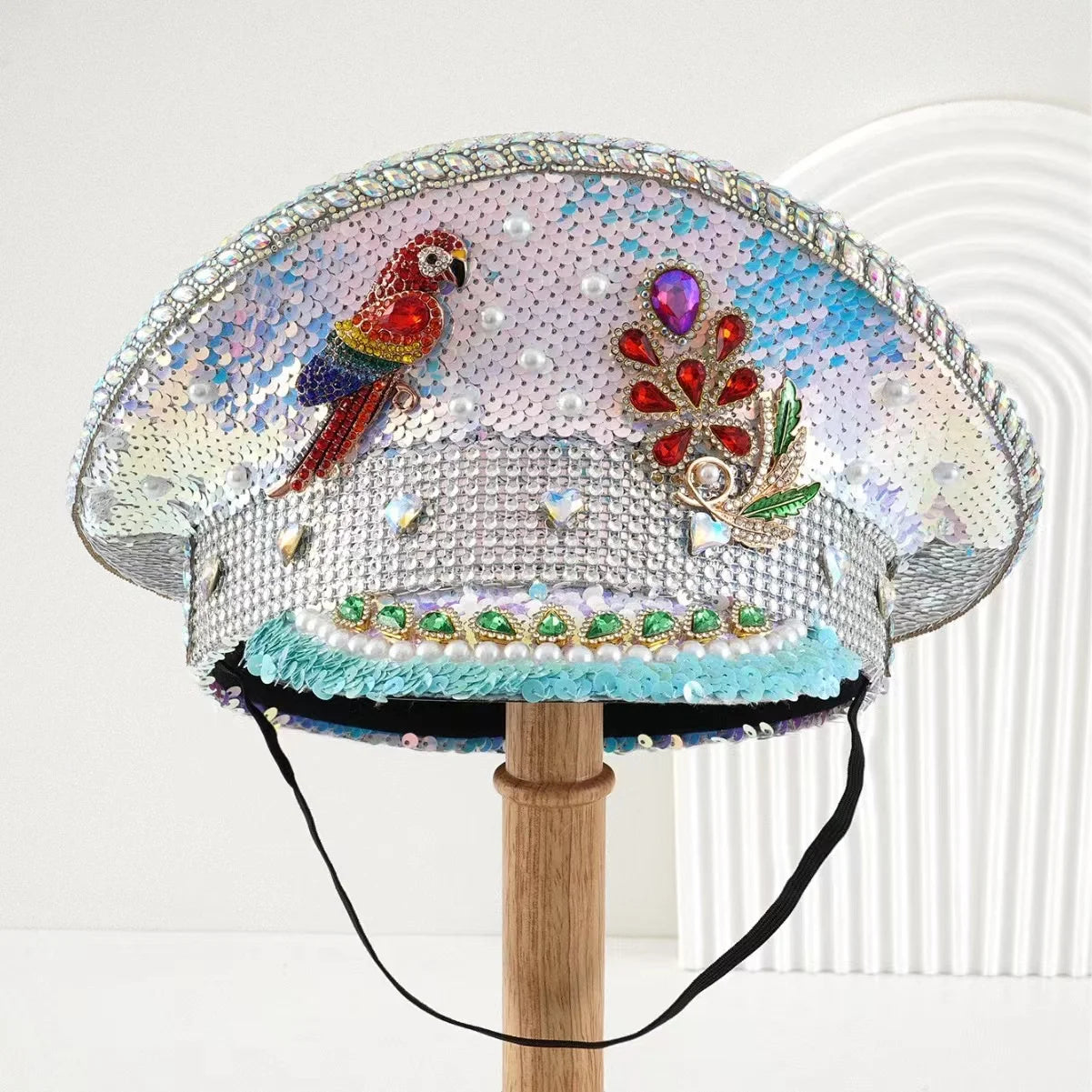 White Steampunk Rhinestone Captain Hat for Burningman Festival Woman, Vintage Military Cap for Man New Designs