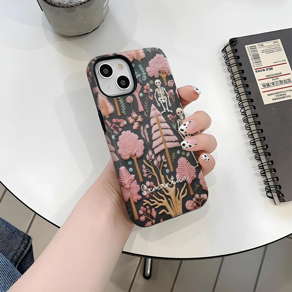 Fashion Embroidery Effect Skull Skeleton Phone Case For iPhone 16 15 Pro Max 16 Plus 2 in 1 Hard Protection Cover Funda