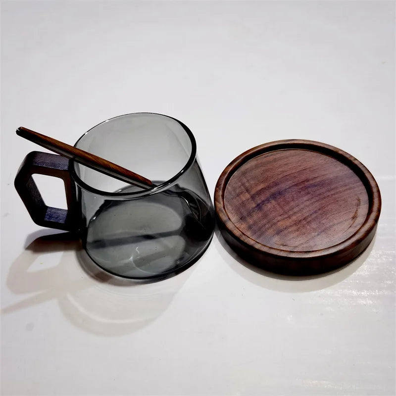 320ml American Latte Heat-resistant Glass Coffee Mug With Wooden Tray Spoon Milk Tea Cup Fresh Ground Cup Barista Cafe Access
