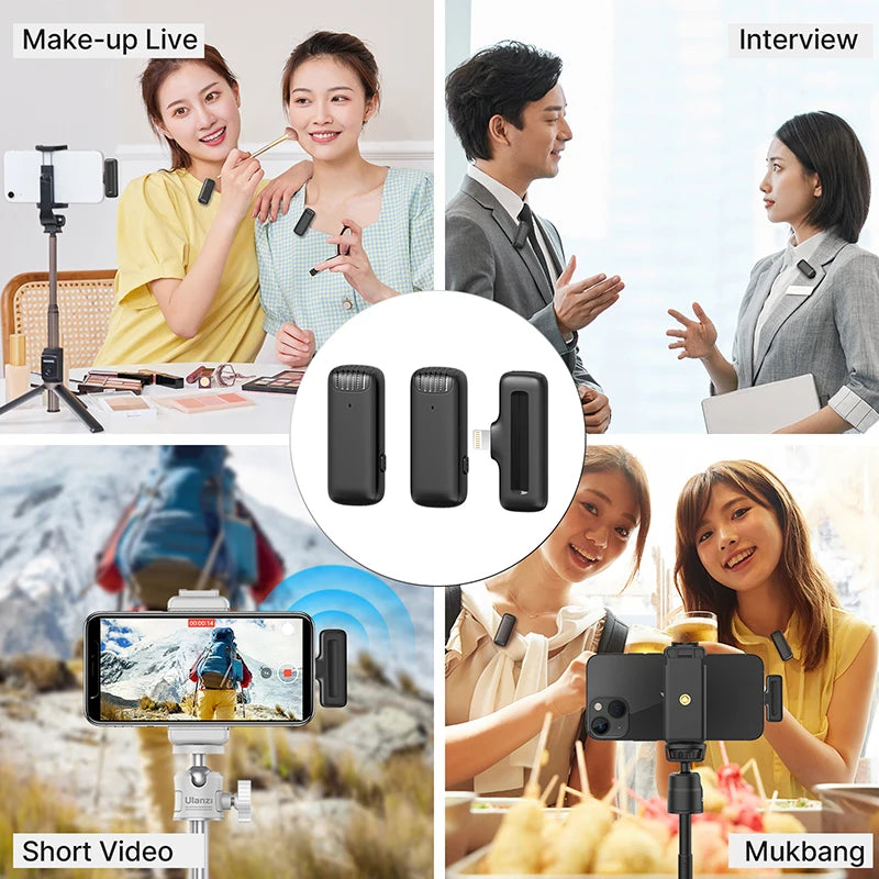 Wireless Lavalier Microphone System Audio Video Recording Microphone Mini Mic for iPhone Android Live Broadcast