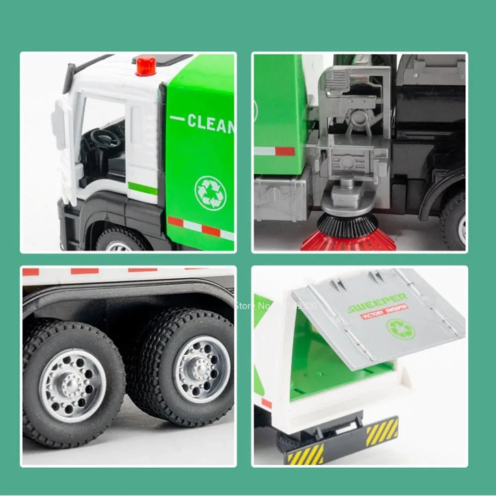 1:32 Water Spray Fog Fire Truck Model Sweeper Toy Car Sound Light Pull Back Doors Opened Vehicles Collection  Gifts