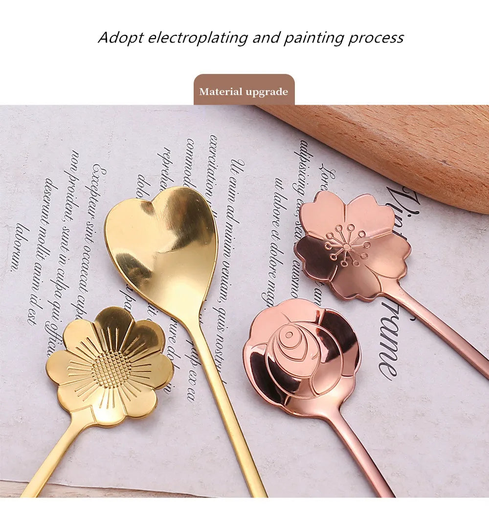 4pcs Long Flower Spoon Stainless Steel Dessert Spoons Gold Long Handle Teaspoon Mixing Scoop for Coffee Cake Kitchen Accessories