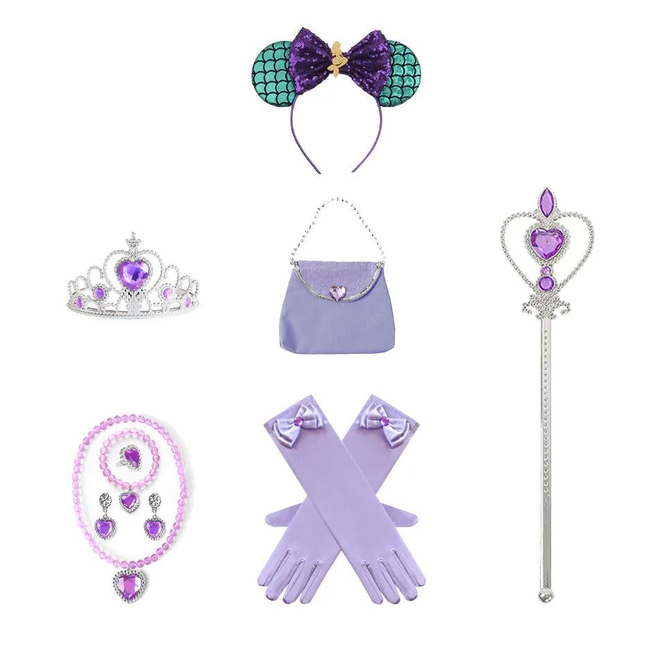 Ariel Princess Accessories Gloves Wand Crown Jewelry Set Mermaid Wig Necklace Braid for Princess Dress Clothing Cosplay Dress UP