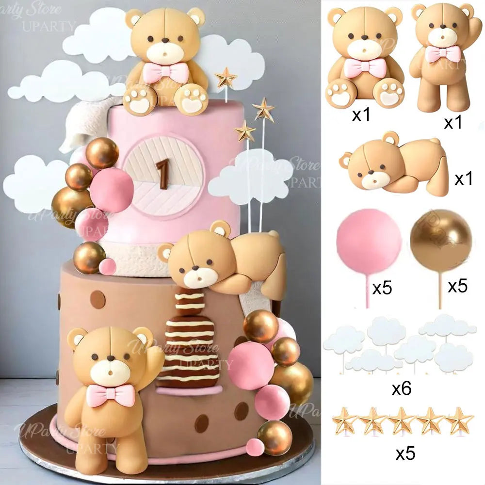 1 Set Pink Bear Cake Toppers Boho Rainbow Nude  Pink Balls Cake Decorations for Birthday Baptism  Shower Party Favor
