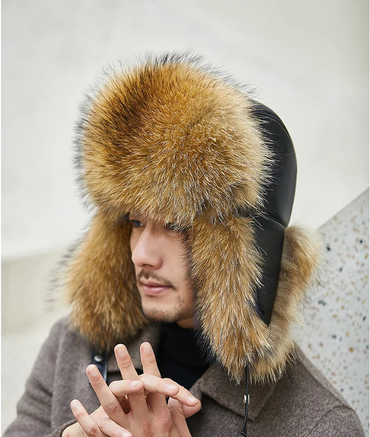 Fox Fur Cap Man Winter Genuine 100% Fur Bomber Hat Windproof Warm Earmuffs Male Flat Grey/Black Russian Hat Fitted Casquette