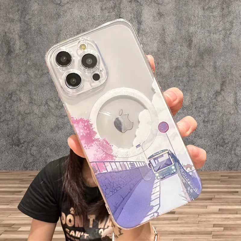 Hand Painted Anime Tram  Case for iPhone 16 15 14 Plus Magsafe Wireless Charge Cover