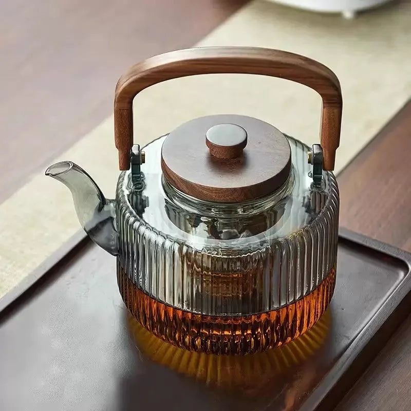 Large Capacity 1300ml Stripe Pattern Glass Teapot with Wooden Beam Handle