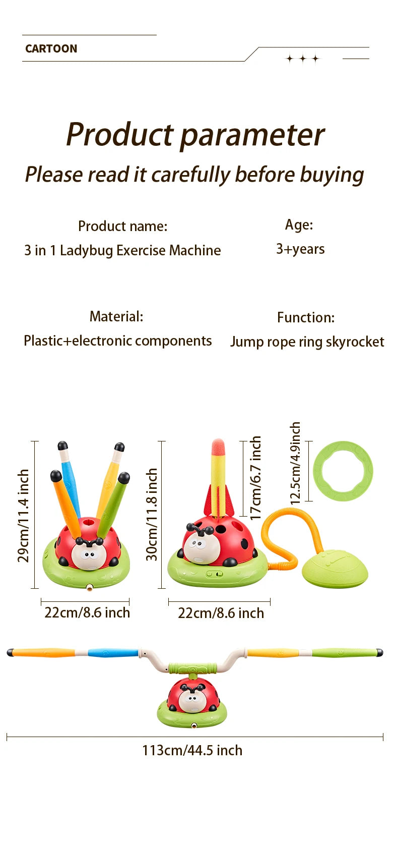 3 in 1 Ladybug Multifunction Exercise Machine Kids Jump Toss Toys Rocket Launcher Rope Sports Game Outdoor Educational Toy Gifts