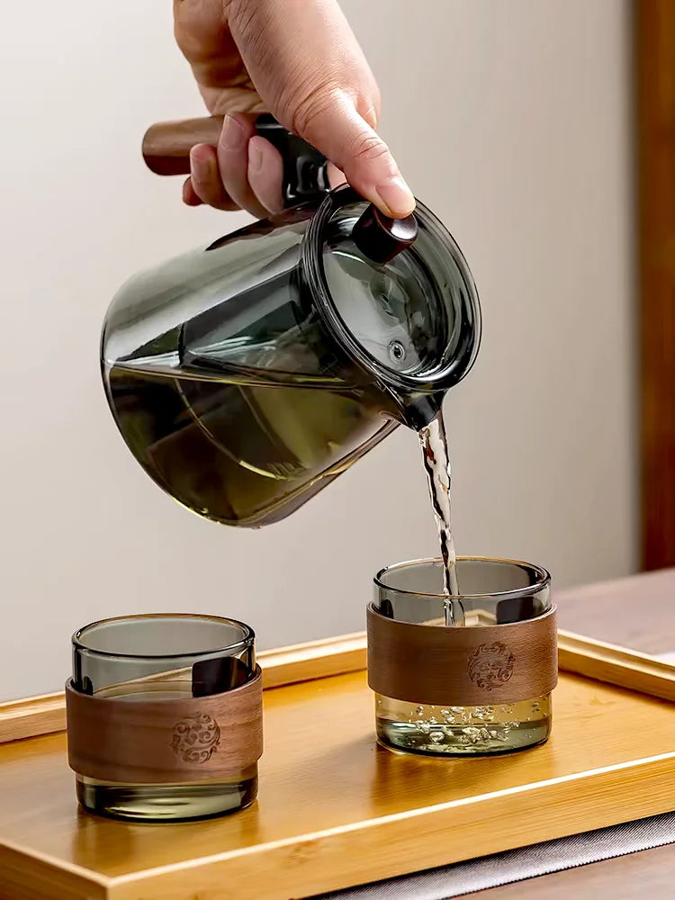 600ml Walnut Wooden Handle Glass Teapot with Tea Water Separation Filter