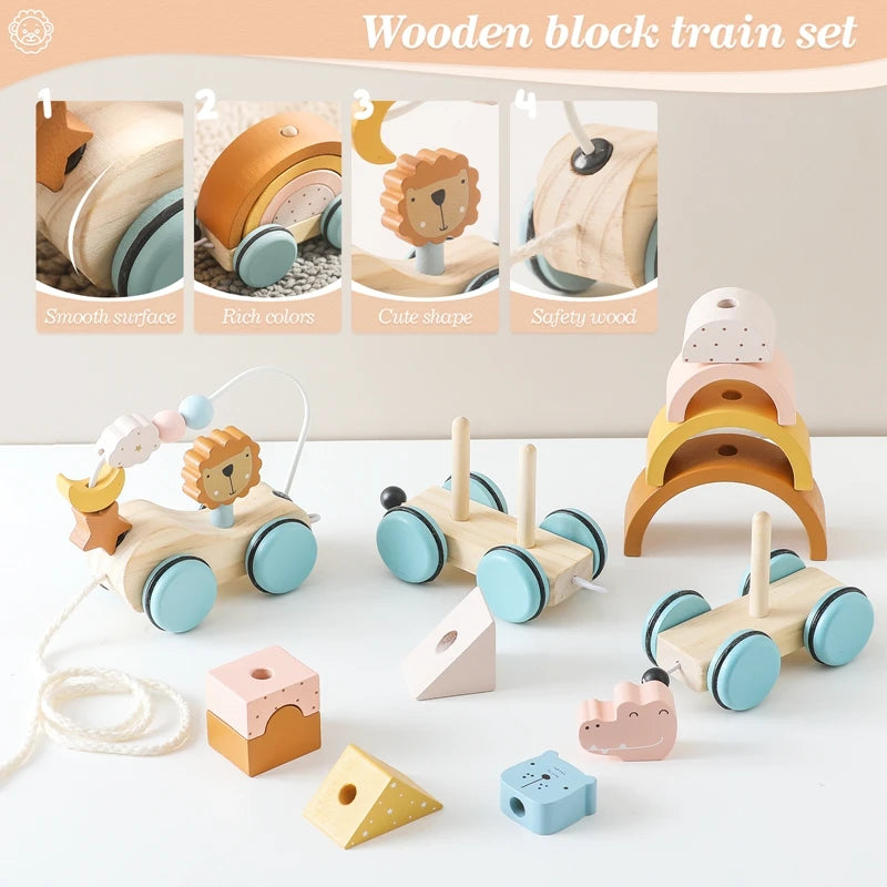 Baby Montessori Toys Wooden Train Baby Educational Toys Wooden Rainbow Blocks Trolley Baby Learning Toys Children Birthday Gifts