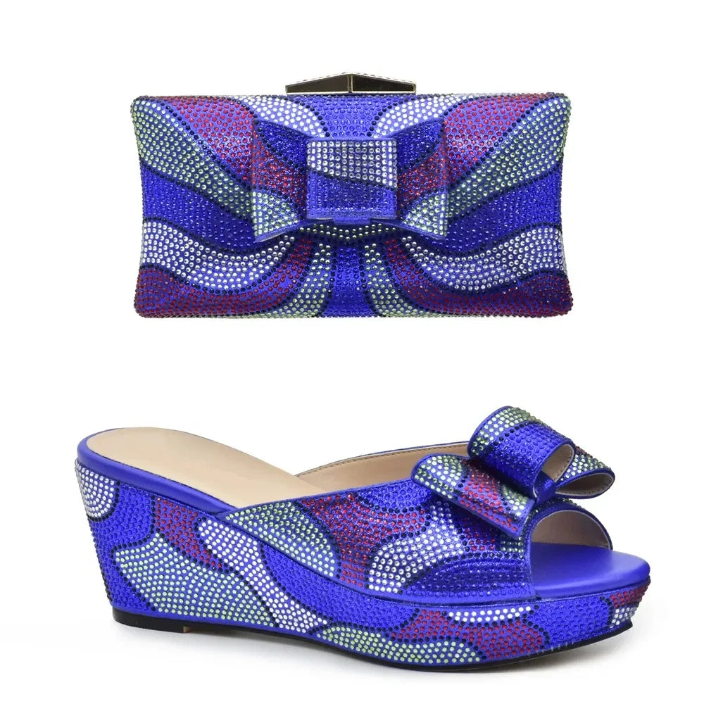 Design Italian Shoes and Bags Matching Set Decorate with Rhinestone Wedges Shoes for Women Luxury Round Toe Platform Shoes