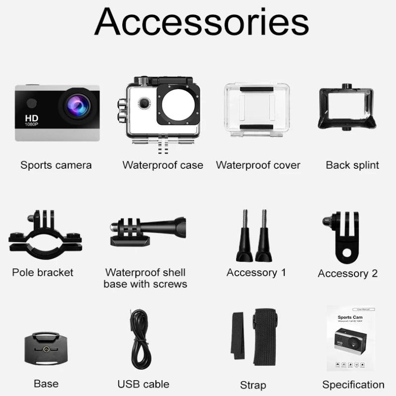 1080P Waterproof Action Camera with 2 Inch IPS Screen 170 Degree Wide Angle Helmet Sports Camera