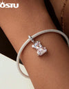 925 Sterling Silver Princess Pink Bear Bead Ballet Girl Charm Shoe Bow Pendant