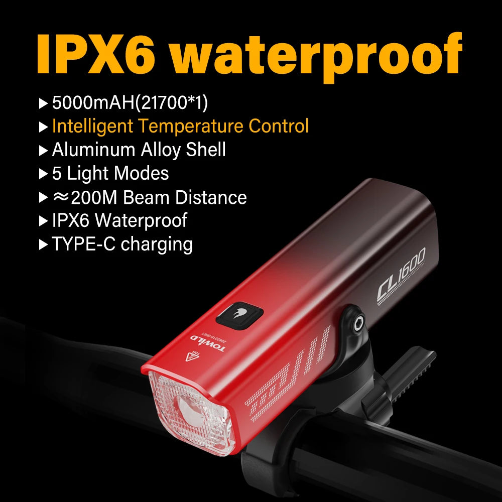 1600LM Bike Light Front Lamp Type-C Rechargeable LED 21700 5000mAh Bicycle Light Waterproof Headlight Bike Accessories