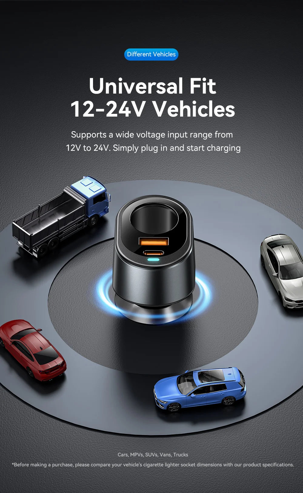 120W USB C Car Charger Adapter with 85W Cigarette Lighter Socket PD Fast Charging 3 Port