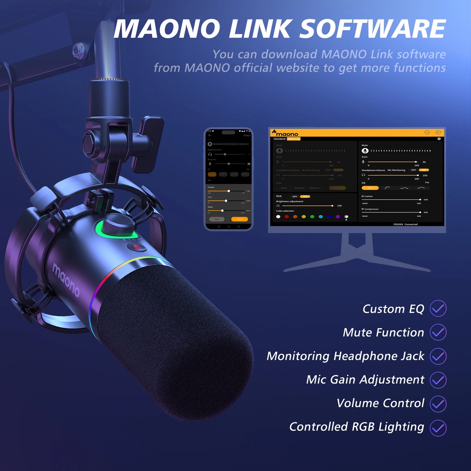 PD200XS Dynamic Microphone XLR/USB Dual mode Dynamic Mic Podcast Mic with Maonolink Software and Gain Knob for Recording
