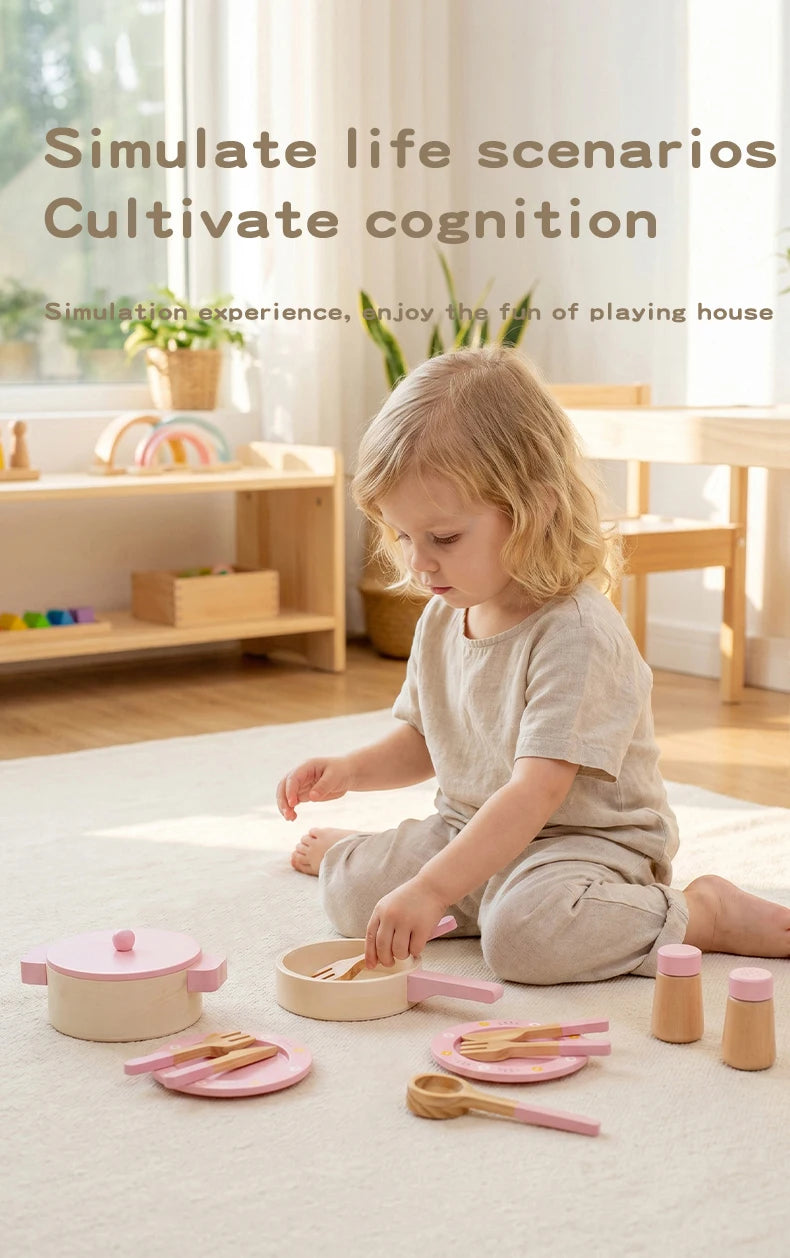 Wooden Pretend Play Kitchen Set with Pots Pans and Utensils