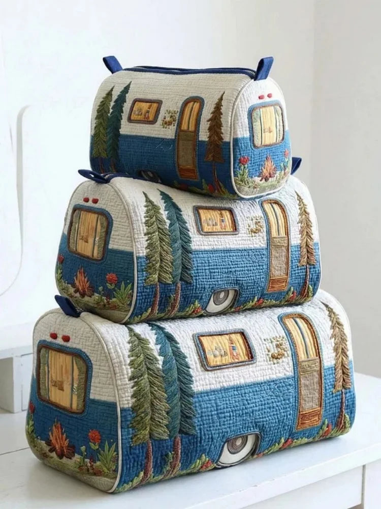 3-Size Quilted Cosmetic Bag 3D Printed Cute Animal Floral Printed Patchwork Makeup Toiletry Pouch Travel Organizer Storage Box