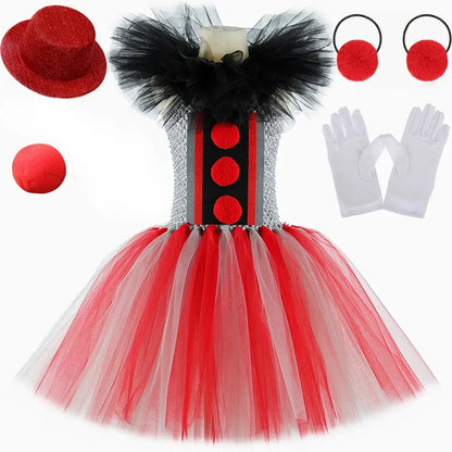 Scary Clown Costume for Girls Horror Halloween Tutu Dress Outfit Creepy Killer Clowns Costumes Kids Carnival Party Tulle Dresses