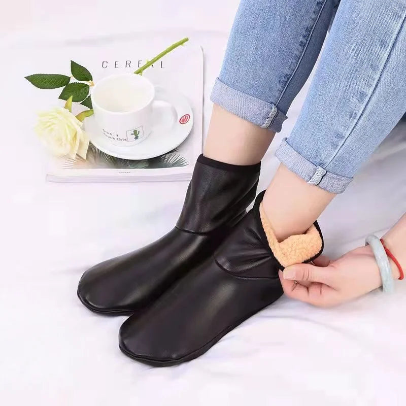 Socks Winter Warm PU Faux Leather Slipper Socks Fleece Lined Thermal Indoor Outdoor Home Non Slip Middle Tube Socks