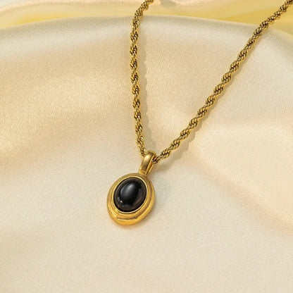 Titanium Steel Black White Agate Pendant Necklace For Women Girls Oval Crystal Necklace 45 cm