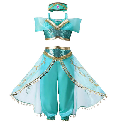 Girls Jasmine Dress Aladdin Princess Magic Lamp Carnival Birthday Clothing Vestidos Halloween Party Cosplay Costume