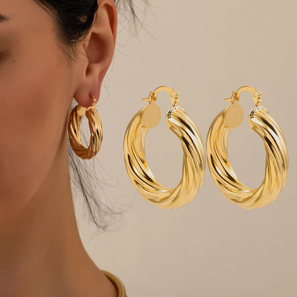 Trendy Geometric Twisted Thick Hoop Earrings Fashion Gold Color Big Round Circle Earrings