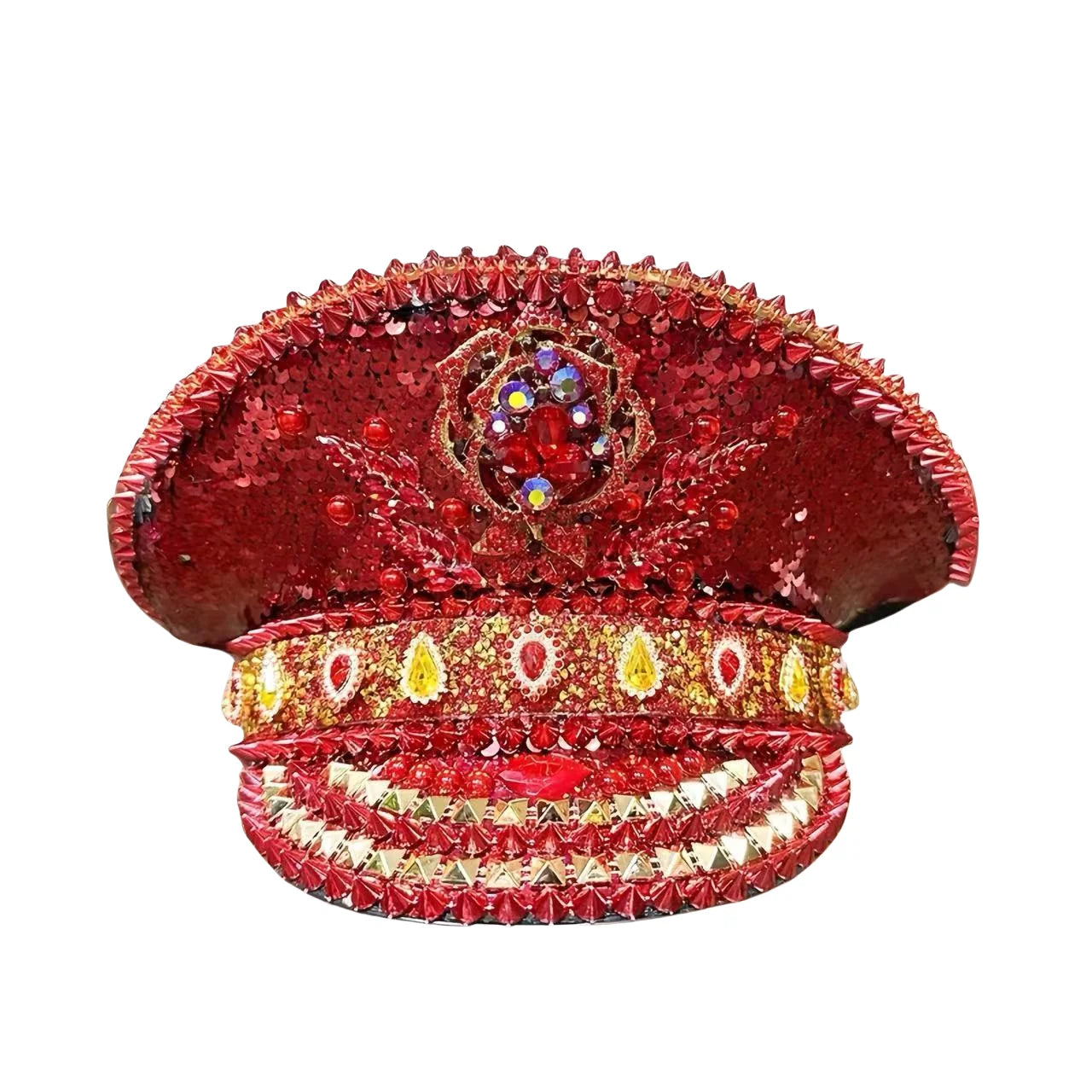 Red Rose Bling Captain Hat Rhinestone for Woman Steampunk Military Cap for Men Burning Man Music Festivals Accessories