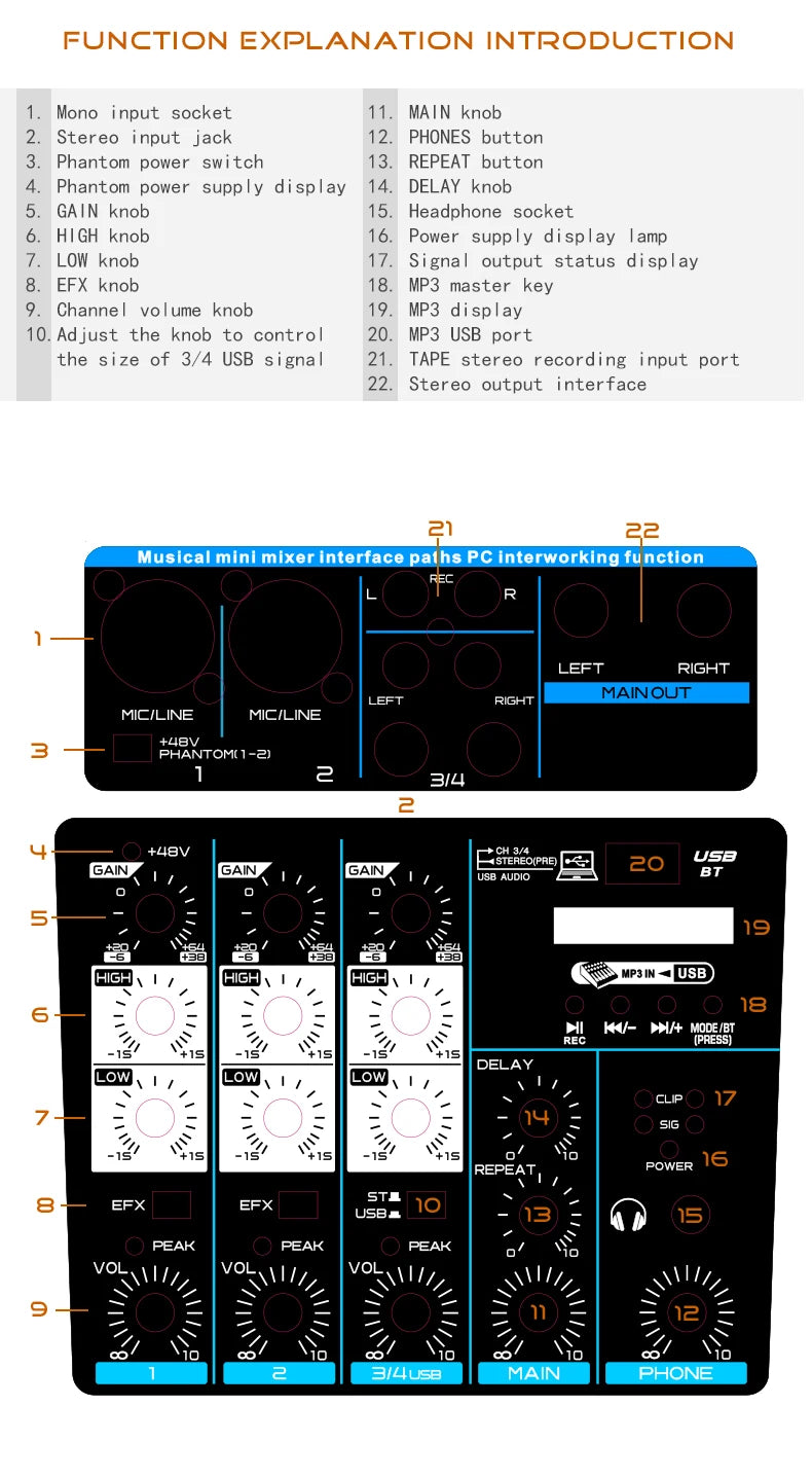 4 Channel DJ Audio Mixer With Bluetooth USB And 48V Phantom Power