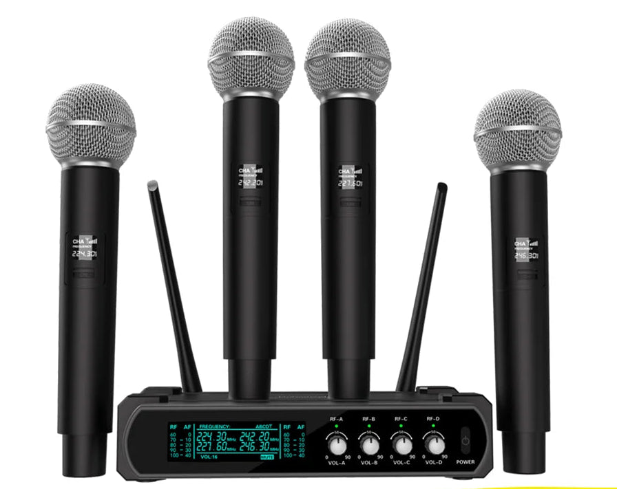 4 Channel UHF Wireless Handheld Microphone System for Karaoke Events and Performances