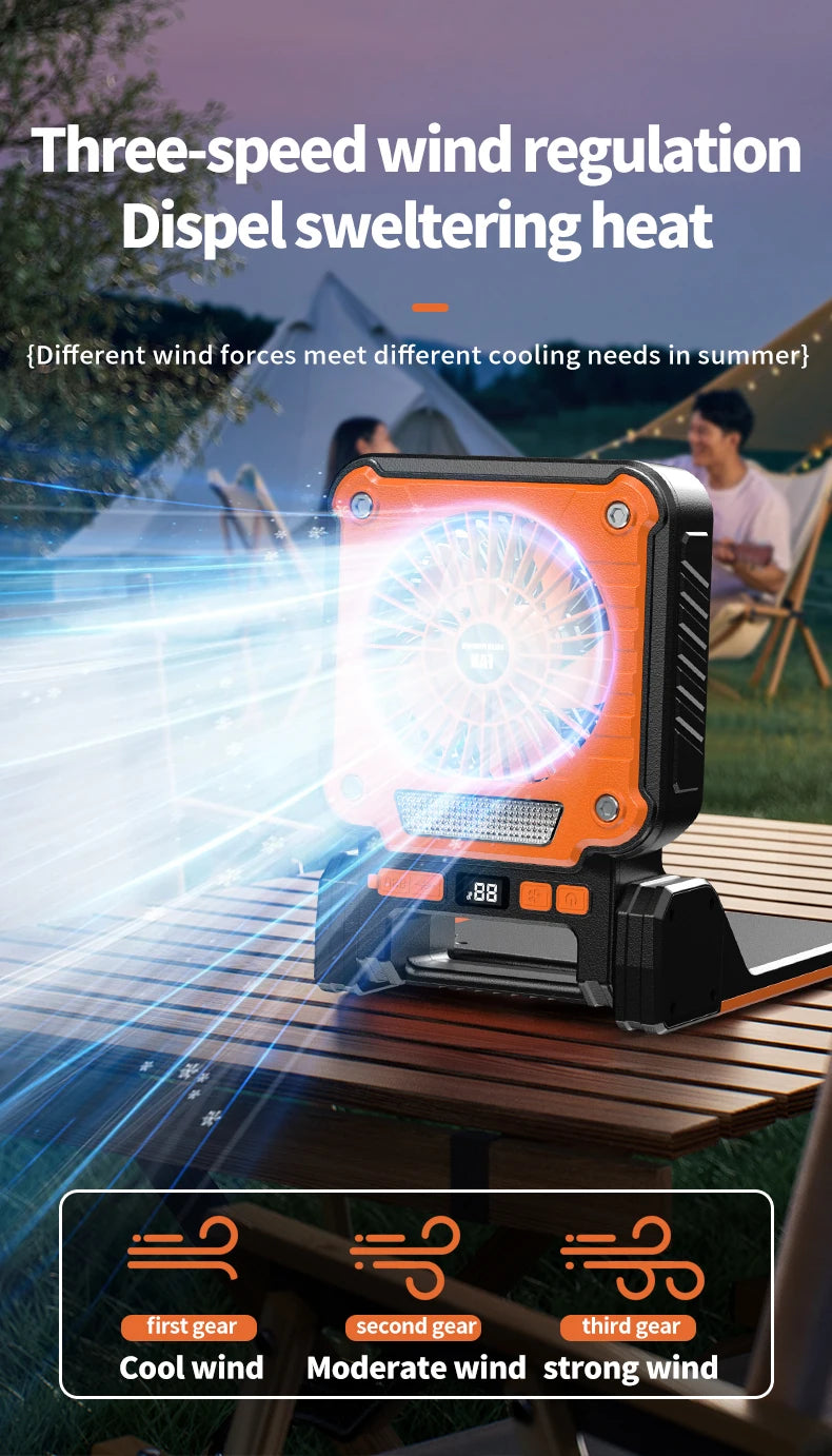 Outdoor Solar Rechargeable Camping Fan Light Foldable Tent Lantern with LED Light USB Portable