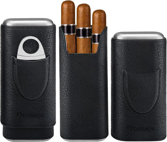 Leather Cigar Case, Cedar Wood Lining Travel Humidors for Cigars, Cigar Accessories Include Stainless Steel Cigar Cutter
