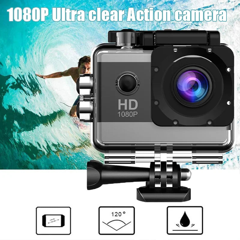 1080P Waterproof Action Camera with 2 Inch IPS Screen 170 Degree Wide Angle Helmet Sports Camera