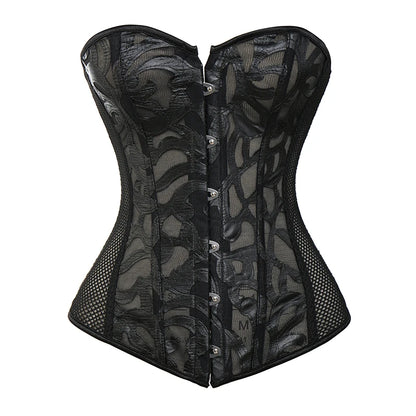 Women's Breathable Shapewear Costumes Transparent Mesh Corselet Hollow Out Corset Bustier Top With G String Black