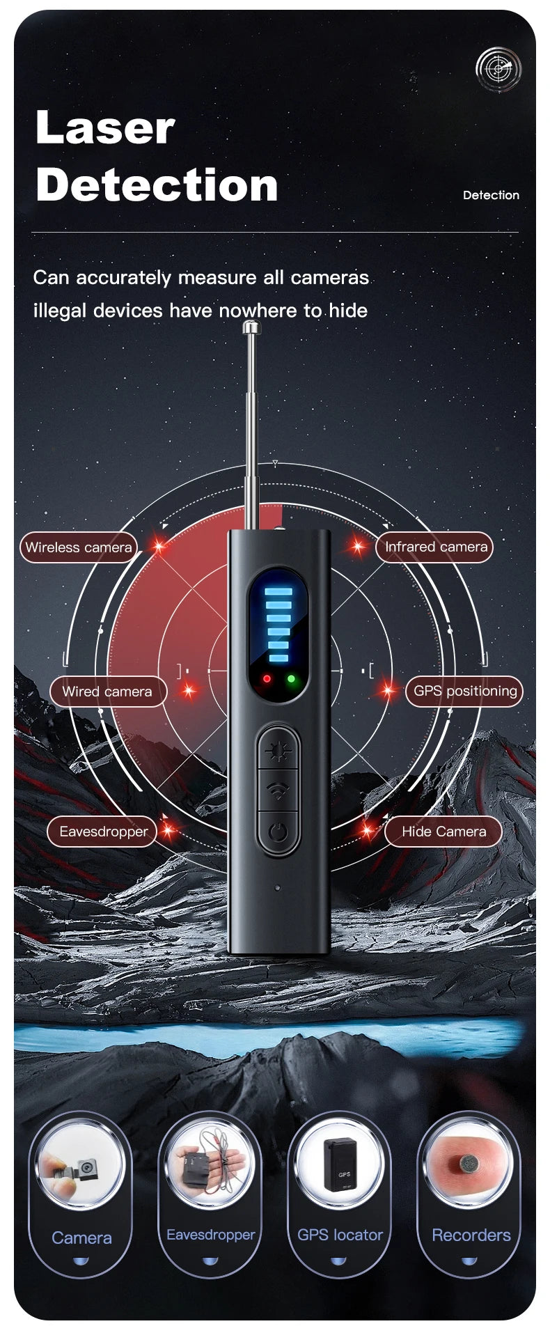 T18 hidden camera detector, camera detector, insect and hidden camera detector, RF signal scanner, home wireless charging, offic