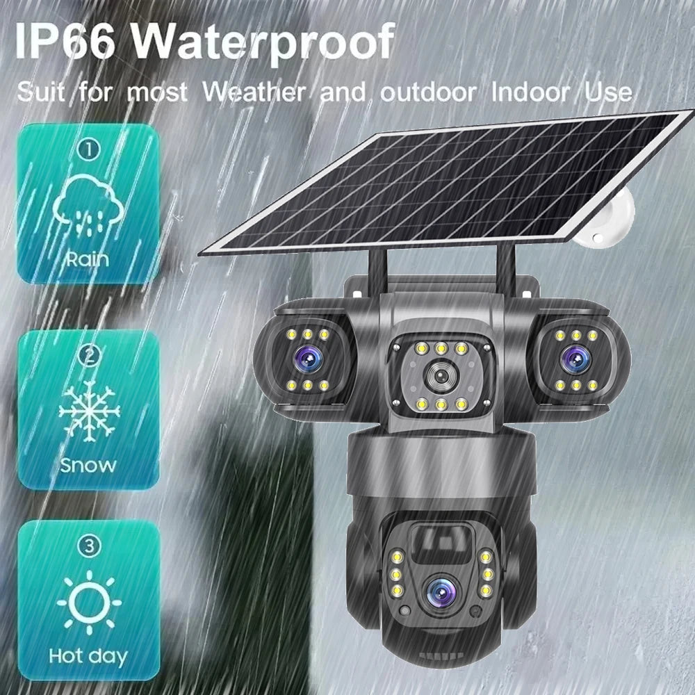 12MP 6K  Outdoor Solar 4G Camera Three Lens Three Screen PIR Motion Detection Cam Waterproof Night Vision Smart Security CCTV