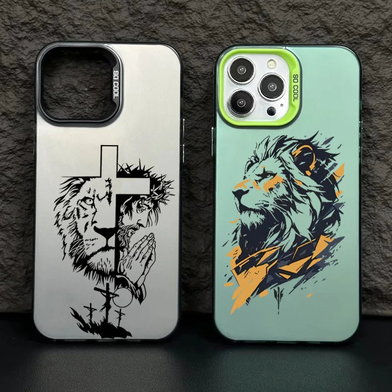 Cross Pattern Bicolor Lion Phone Case For iPhone 14 15 16 Pro Max Shockproof Anti Fall Back Cover