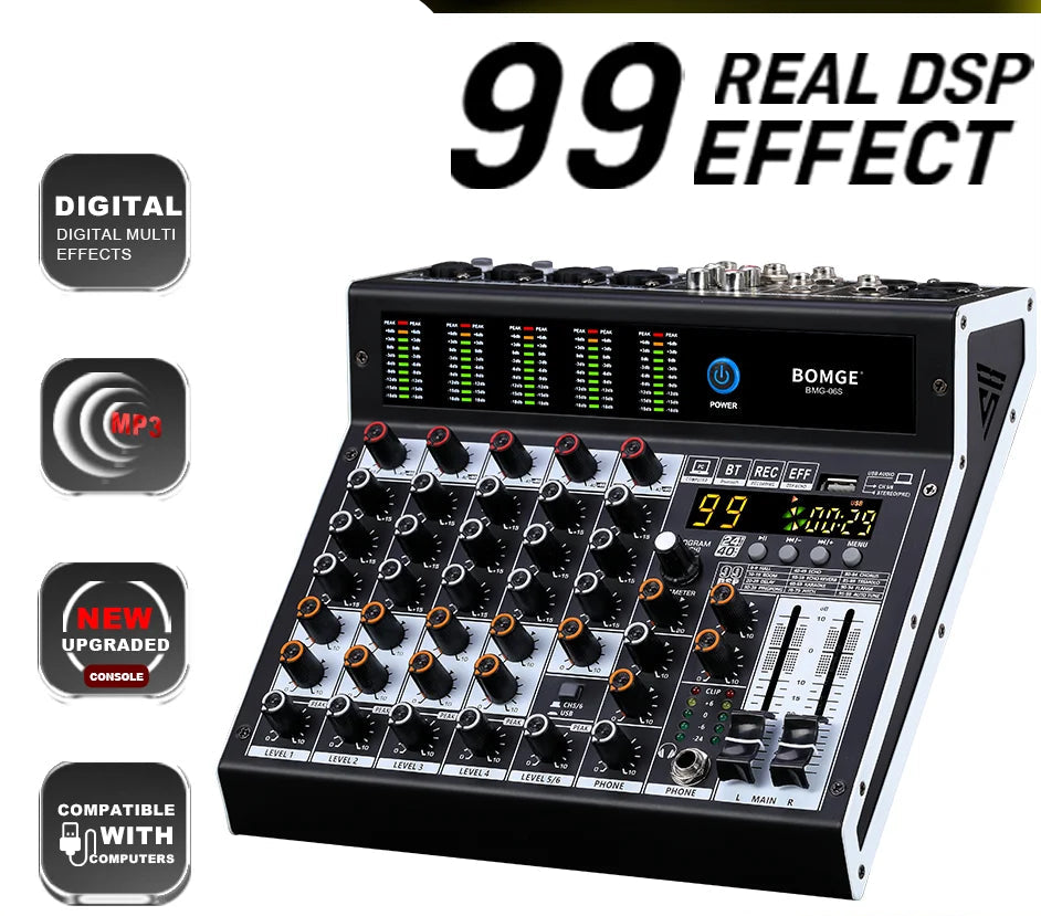 6 Channel Professional Audio Mixer Console with 99 DSP Effects