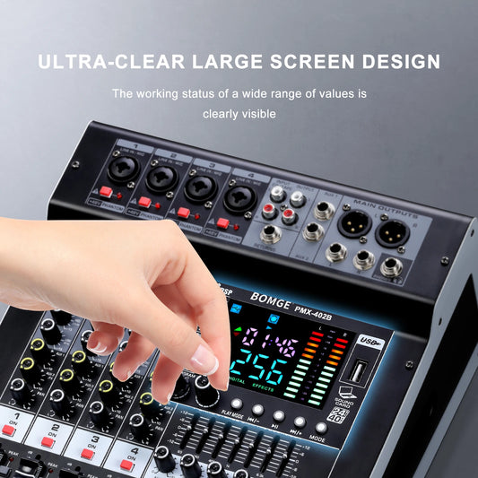 Professional 4 Channel Audio Mixer with Bluetooth and 256 Reverb Effects