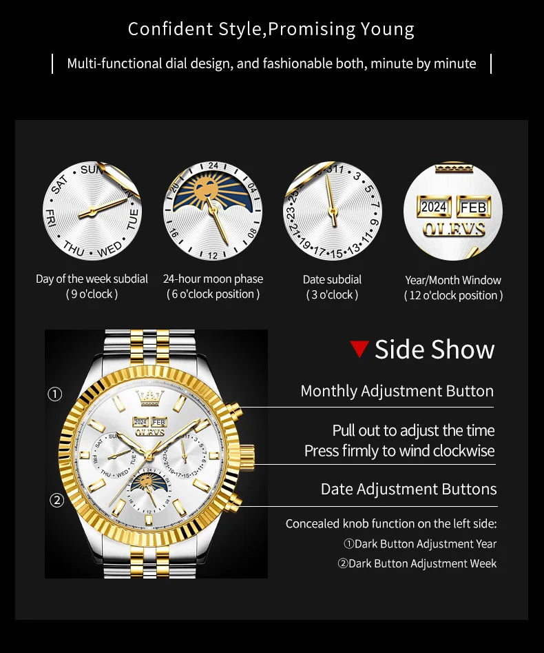 Automatic Mechanical Watch Week Calendar Multifunctional Moon Phase Waterproof Stainless steel Wristwatch Man